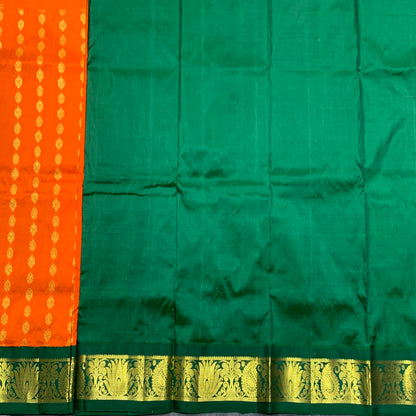 Orange Shade Pure Kanchipuram Kids Pattu Pavadai with Contrast Border for age 2 to 5