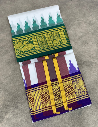 6 Mulam Silk Pooja Towel White Colour with Ganga Jamuna Korvai Border