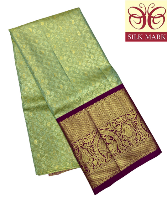 Apple Green Shade Pure Kanchipuram Kids Pattu Pavadai with Contrast Border for age 5 to 10