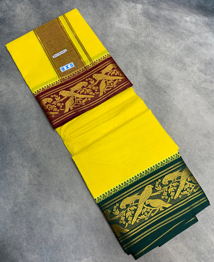 9X5 Cotton Dhoti Yellow Maroon and Green Zari Border with Angavastram