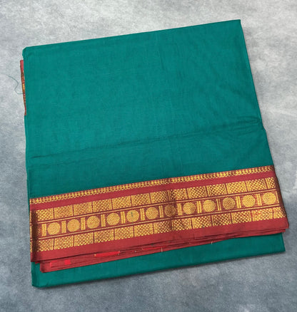 Chettinad Cotton Saree Teal Green Colour with Maroon Colour with Zari Work Border