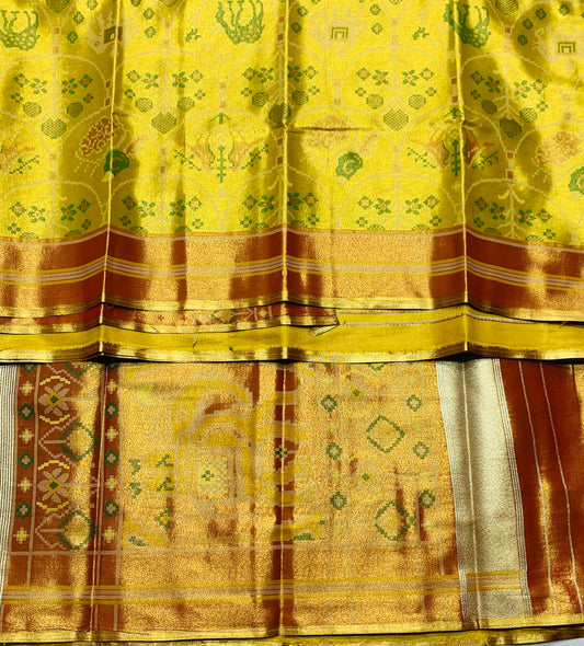 Pochampalli Tissue Silk Saree Golden Colour with Golden Orange Border
