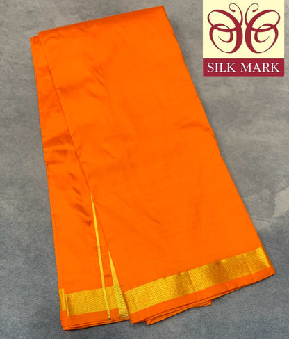 9X5 Pure Silk Dhoti Orange Colour with Small Golden Zari Border