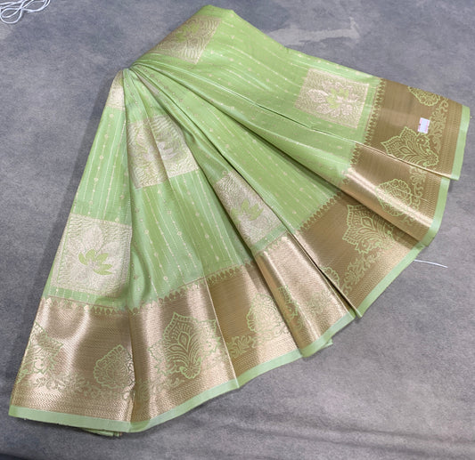 Soft Silk Casual Saree Pista Green with Sliver Zari Border