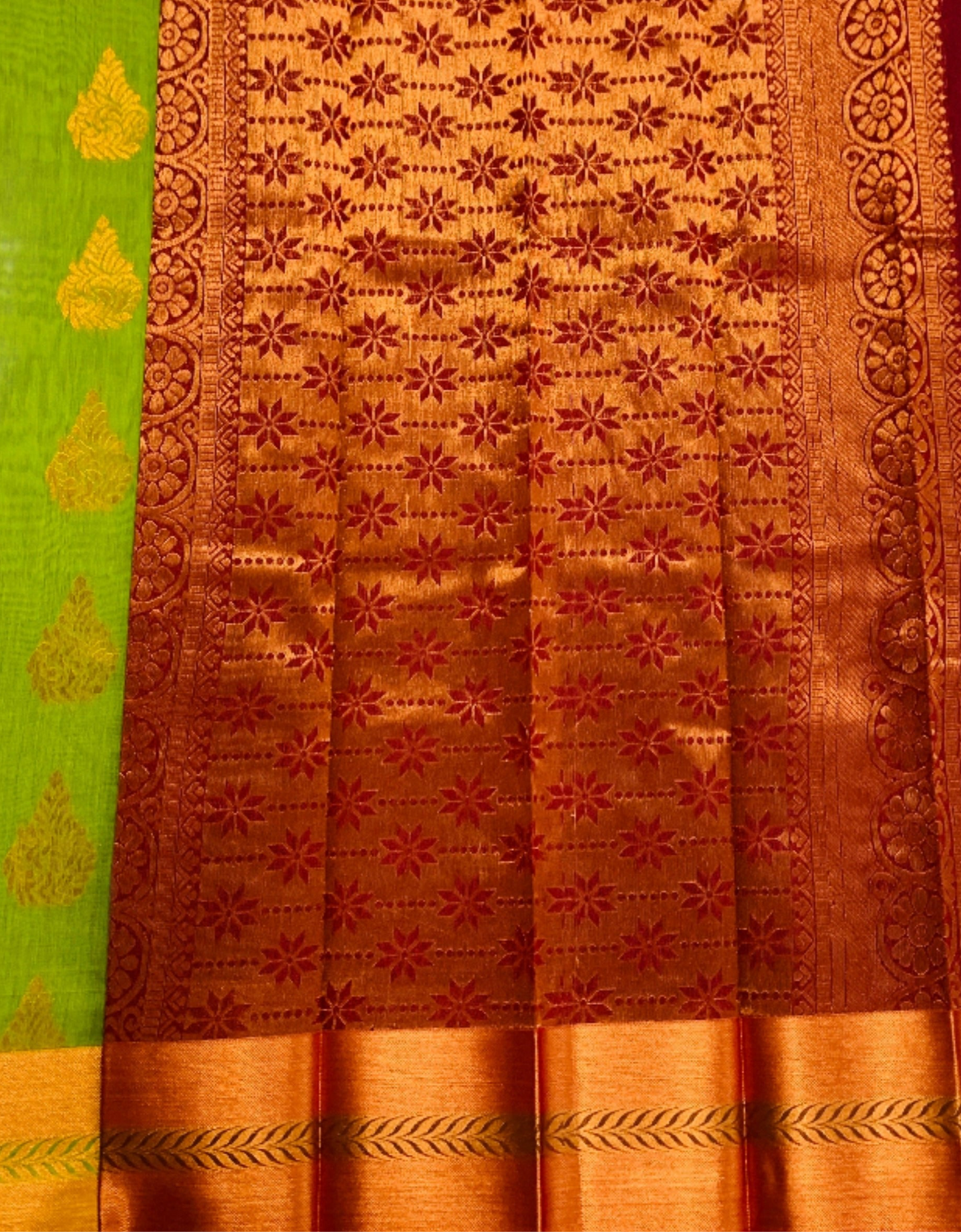 Olive Green Shade Silk Cotton Saree with Copper Zari Border