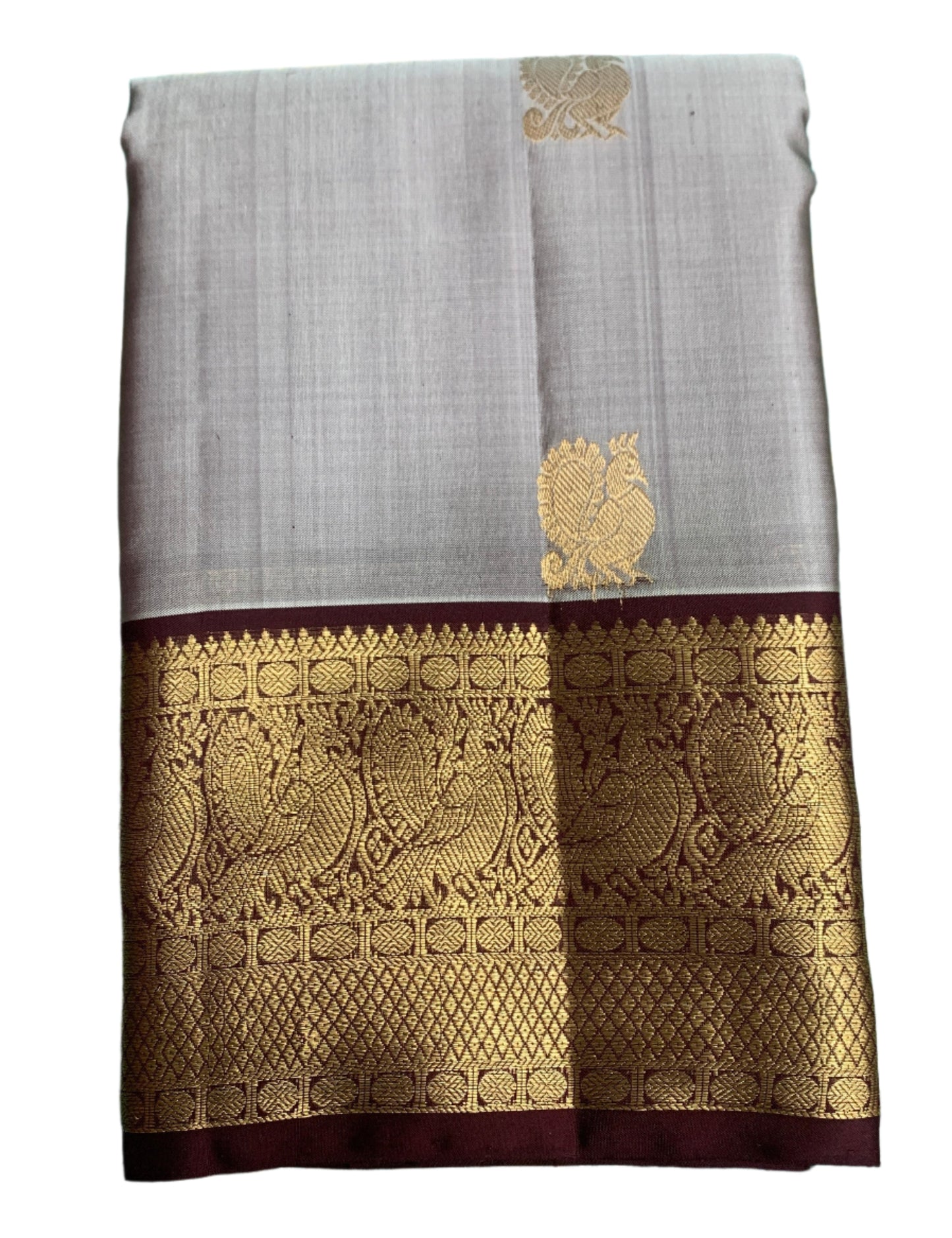 Pure Kanchipuram Silk Saree Gray Colour with Brown Border