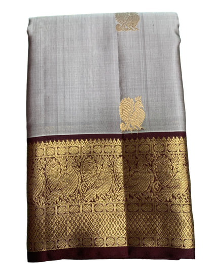 Pure Kanchipuram Silk Saree Gray Colour with Brown Border