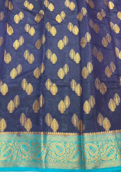 Crepe Saree Navy Blue Colour with Sky Blue Border