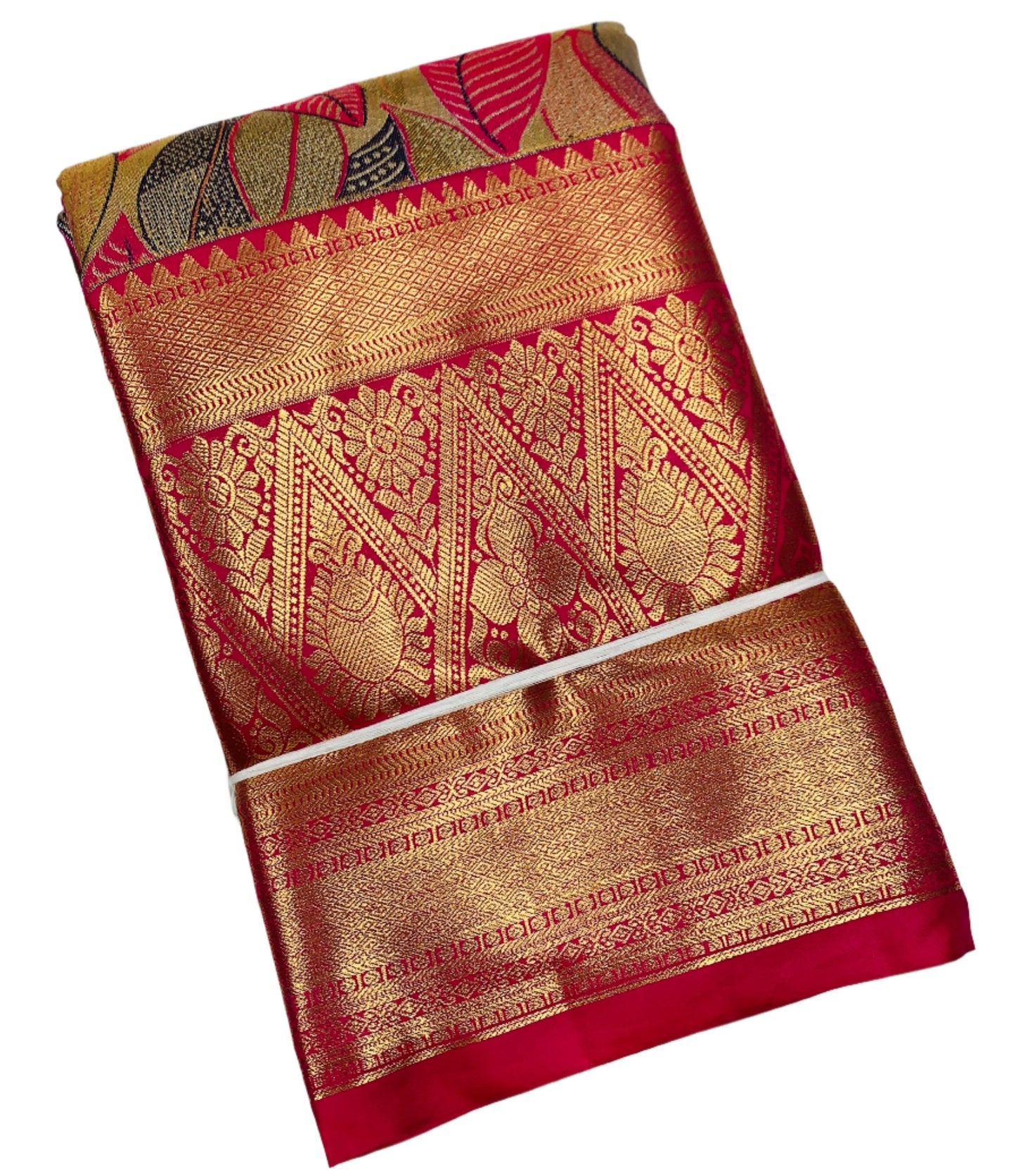 Pink & Navy Blue Leaf Soft Kanchi Tissue Pattu Saree with Pink border