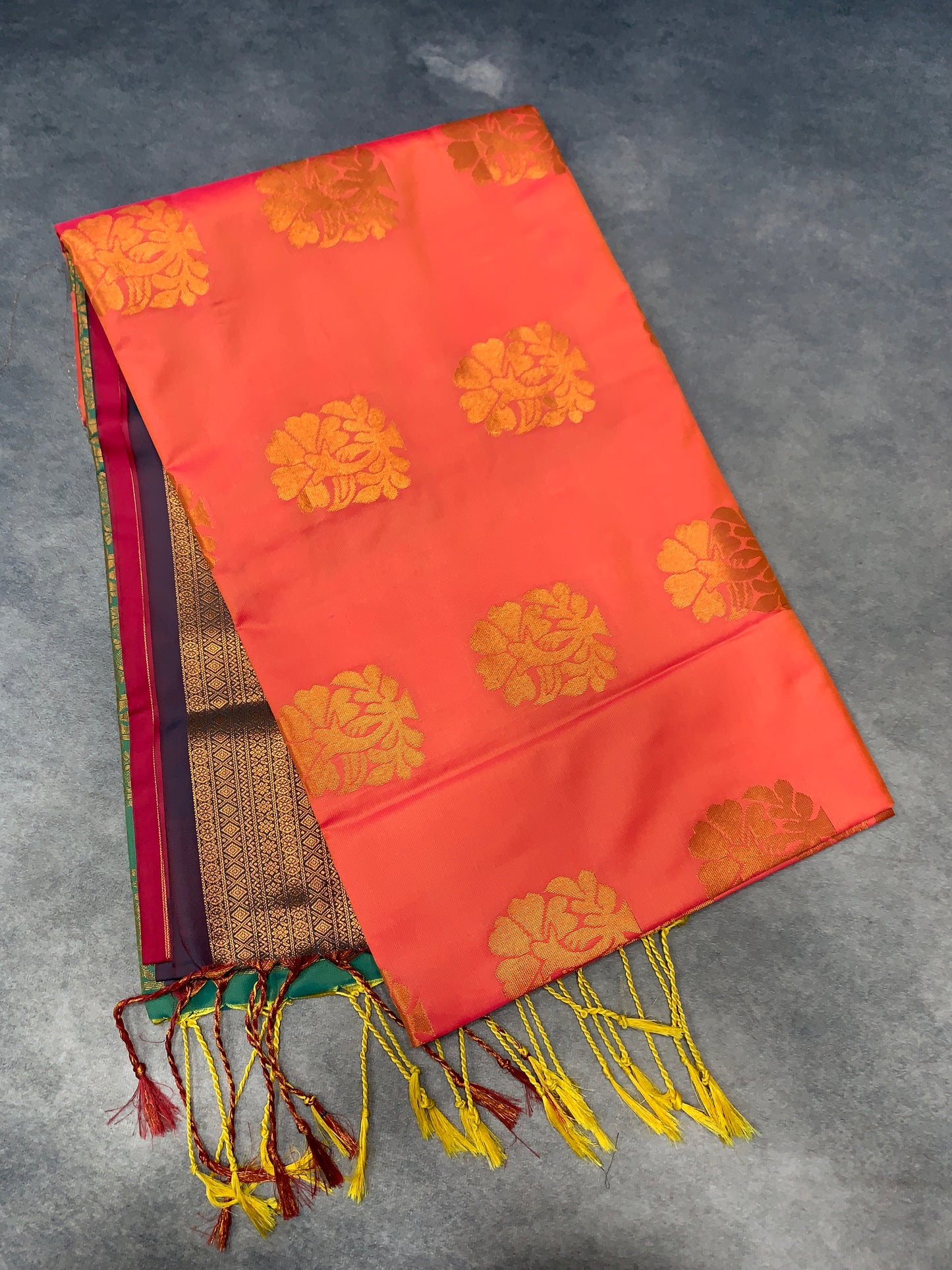Soft Vegan Silk Saree Peachy Pink Colour with Green and Copper Border