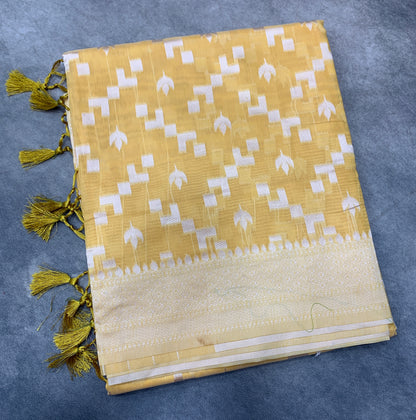 Banaras Katan Saree Yellow Colour with Katan Work Border