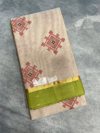 Chettinad Sungudi Cotton Cream Colour with Olive Green Colour Border