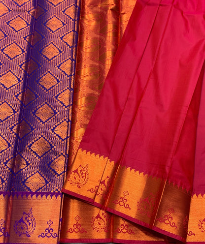 Vegan Silk Saree Blue Colour with Magenta and Copper Border