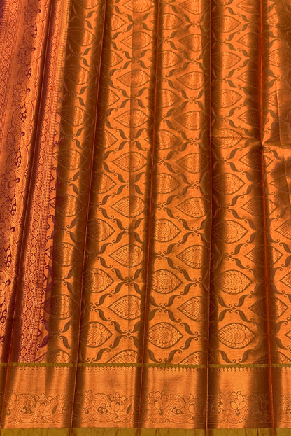 Vegan Silk Saree Maroon Colour with Golden Yellow and Copper Border