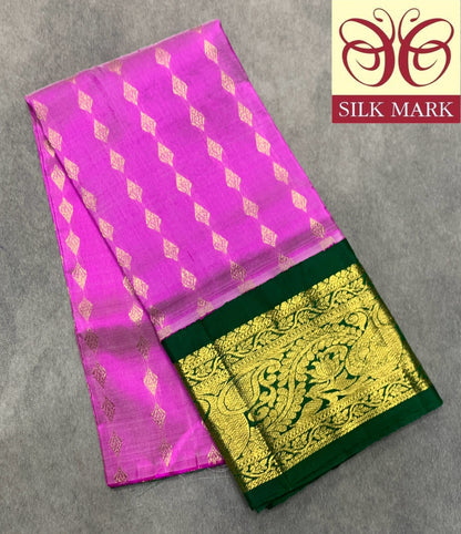 Pink Shade Pure Kanchipuram Kids Pattu Pavadai with Contrast Border for Newborn to 2 Years