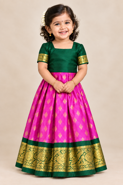 Pink Shade Pure Kanchipuram Kids Pattu Pavadai with Contrast Border for Newborn to 2 Years