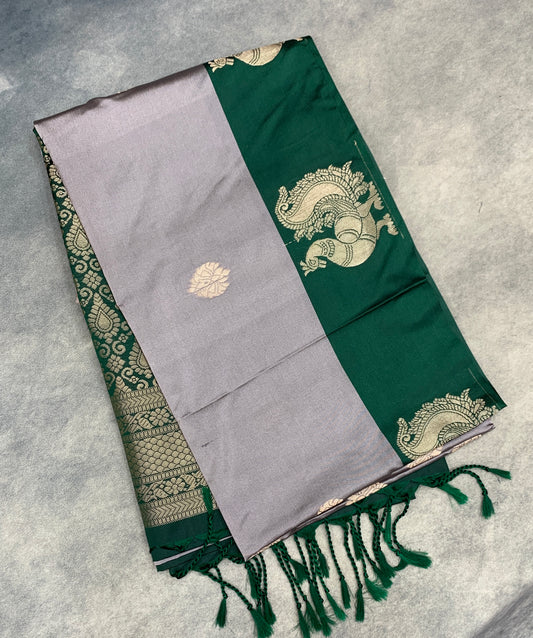 Art Silk Saree Gray Colour with Green Colour Border