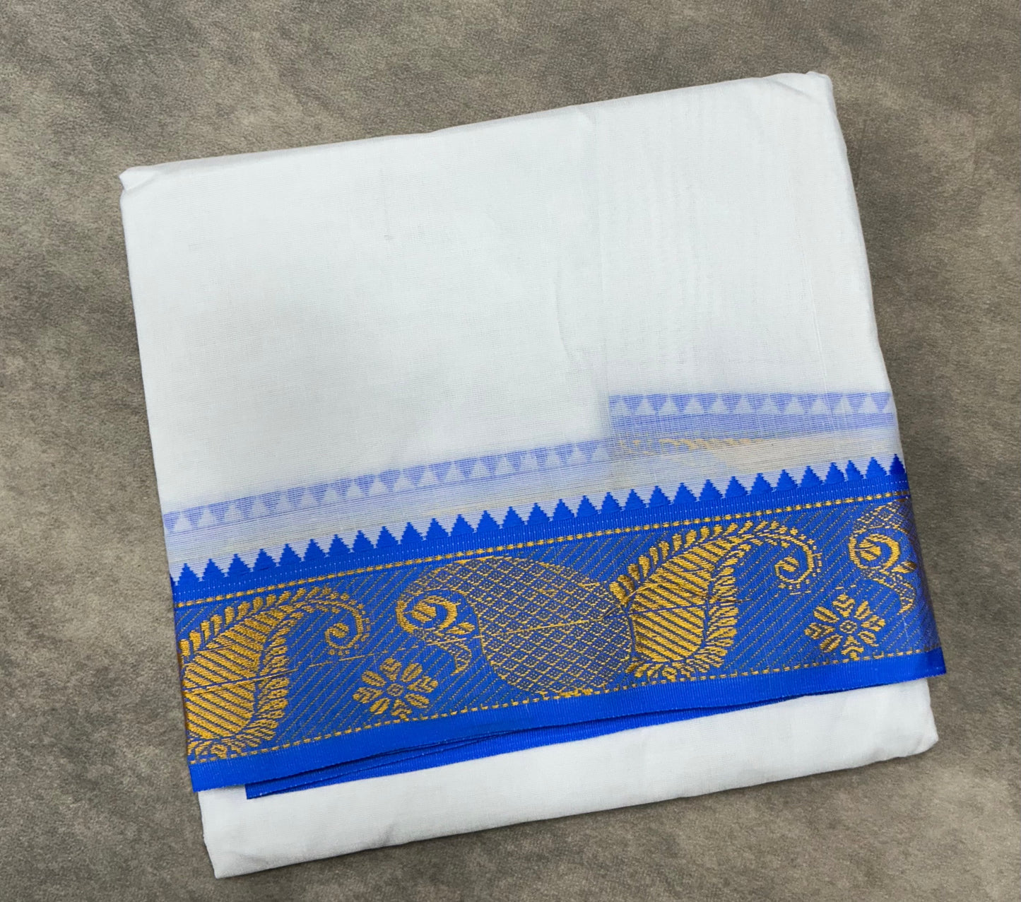 9X6 Cotton Dhoti White Colour with Sky Blue and Green Border with Angavastram