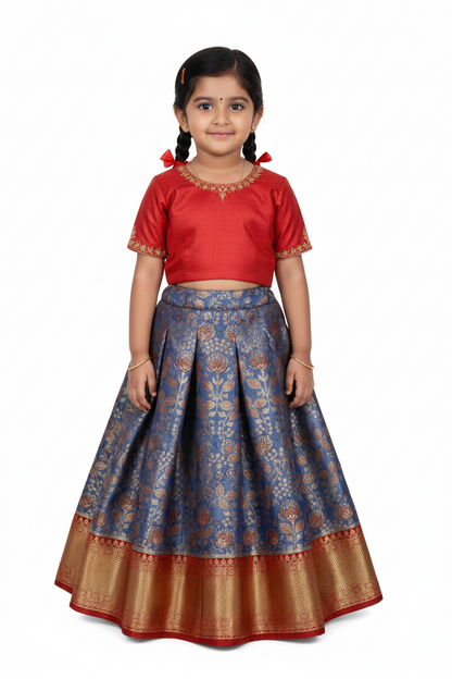 Blue Shade Vegan Silk Kids Pattu Pavadai with Contrast Border for age 2 to 5