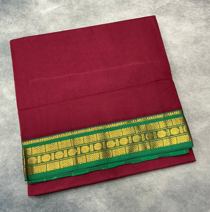 Chettinad Cotton Saree Maroon Colour with Light Green Colour with Zari Work Border