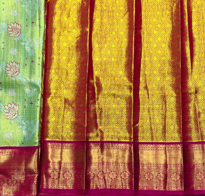 Light Neon Green Shade Vegan Silk Kids Pattu Pavadai with Contrast border for age 2 to 5