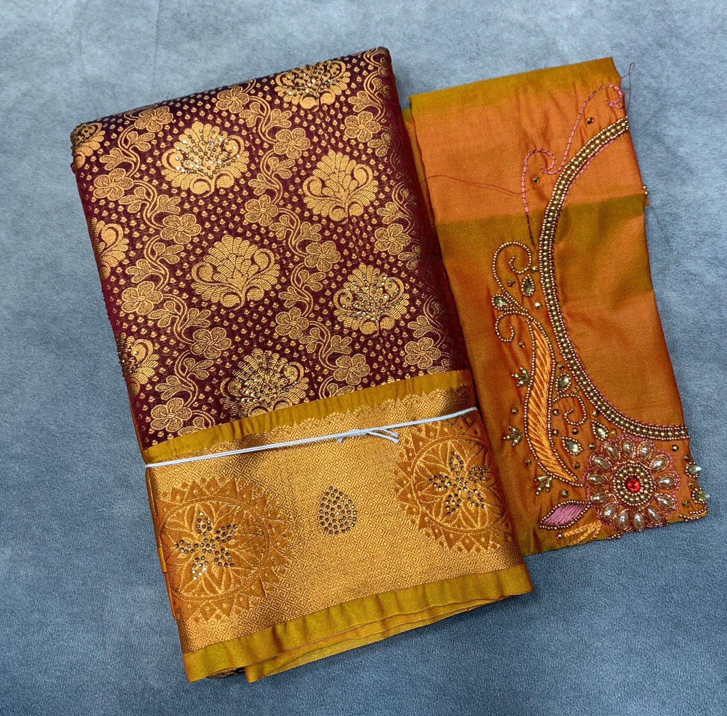 Bridal Vegan Silk Saree Maroon Colour with Golden Yellow Border with Unstitched blouse in Aari Work