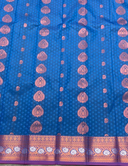 Vegan Silk Saree Aqua Blue Colour Saree with Copper and Floral Design