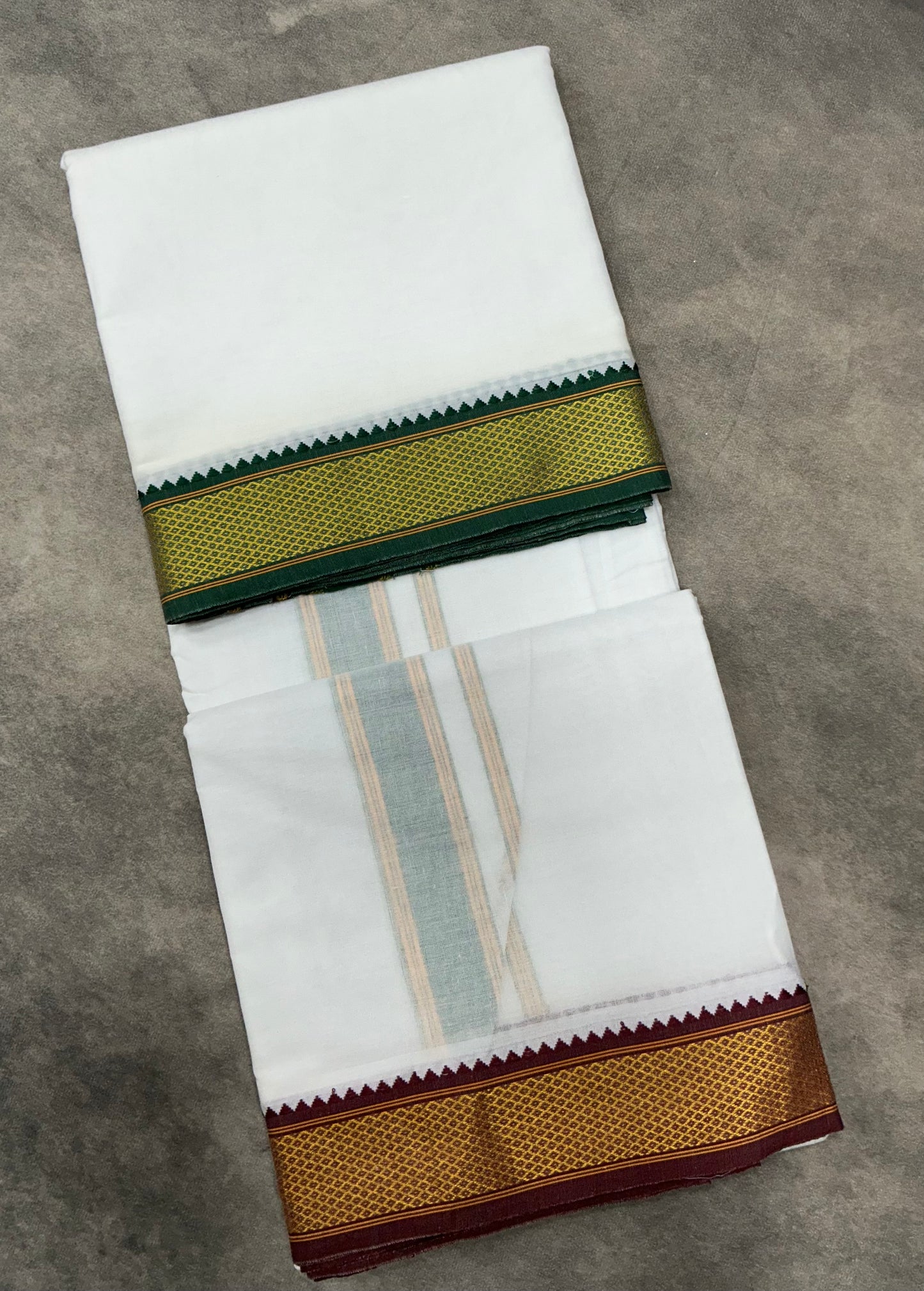 9X5 Cotton Dhoti White Colour with Green and Maroon Zari Border with Angavastram