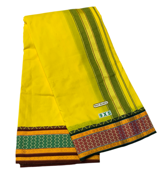 9X5 Cotton Dhoti Yellow Maroon and Rama Green Border with Angavastram