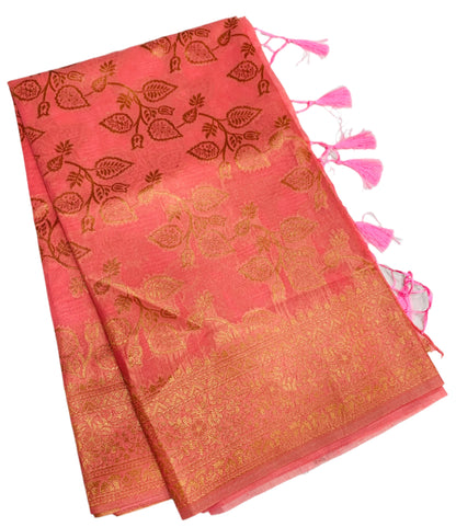 Banaras Katan Saree Peach Orange Colour with Katan Work Border