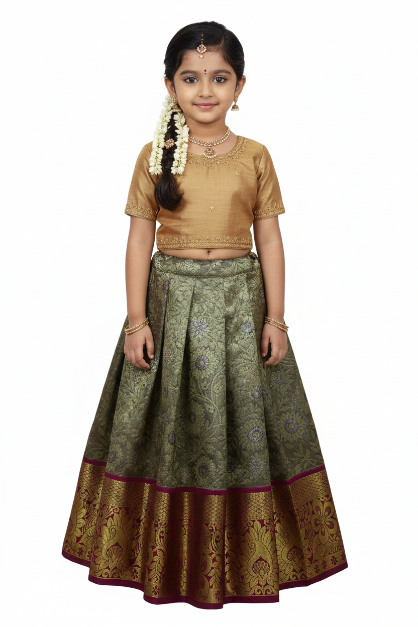 Golden Gray Shade Vegan Silk Kids Pattu Pavadai with Contrast Border for age 2 to 5