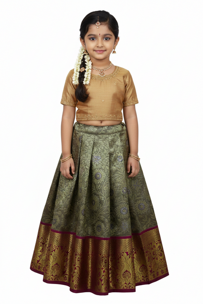 Golden Gray Shade Vegan Silk Kids Pattu Pavadai with Contrast Border for age 2 to 5