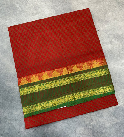 Chettinad Cotton Saree Red Colour with Rettai Pettu Border