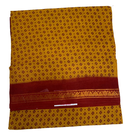 9 yards Cotton Saree Mustard Colour with Maroon Border