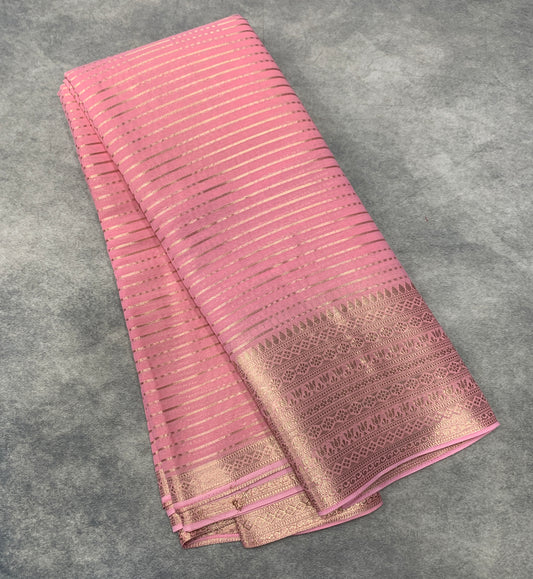 Georgette Saree Baby Pink Colour with Sliver Floral Design Border