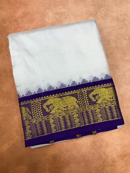 9X5 Pure Silk Dhoti White Colour with Blue and Orange Ganga Jamuna Border