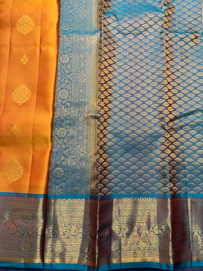 Pure Kanchipuram Silk Saree Golden Shade with  Rama Green Border