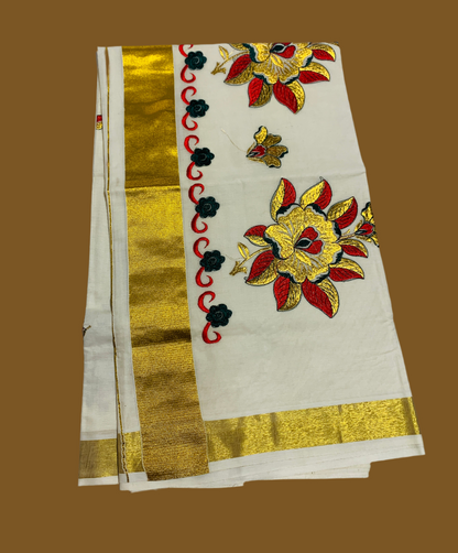 Kerala Cotton Saree Cream Colour with Floral Work Design