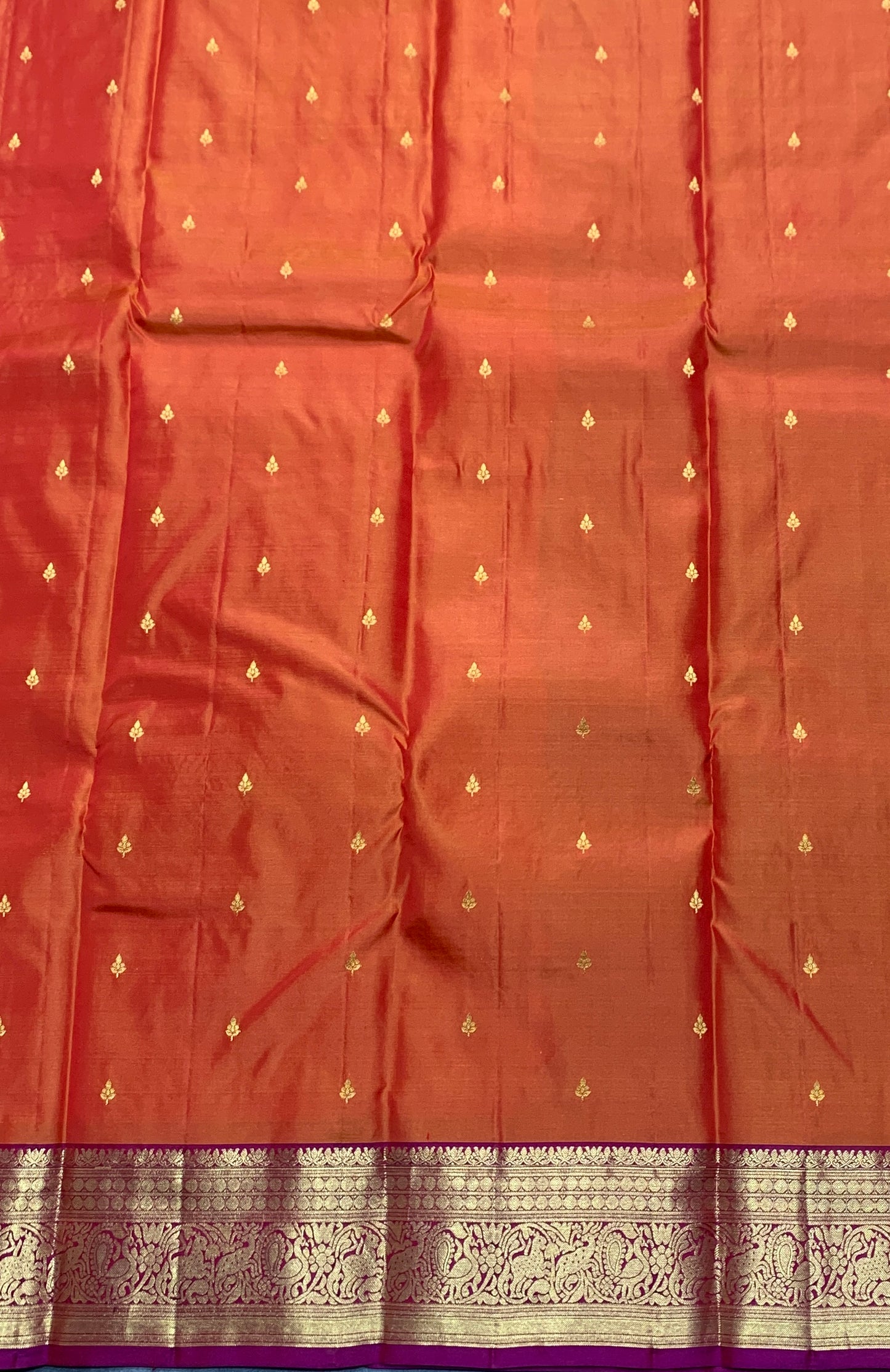 Pure Kanchipuram Silk Saree Honey Colour with Contrasting Magenta Border and Gold Detailing