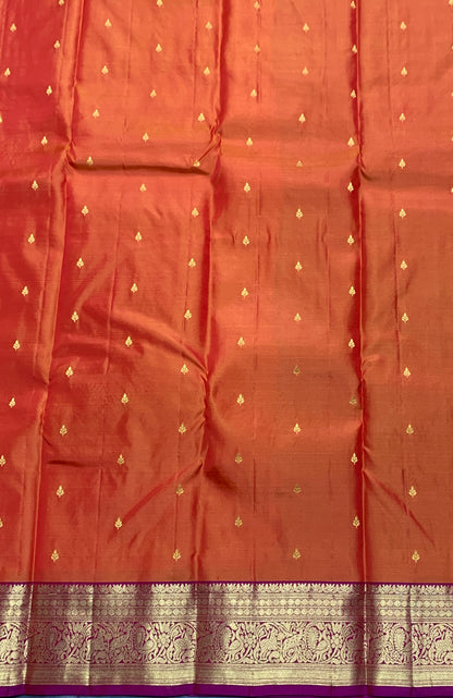 Pure Kanchipuram Silk Saree Honey Colour with Contrasting Magenta Border and Gold Detailing