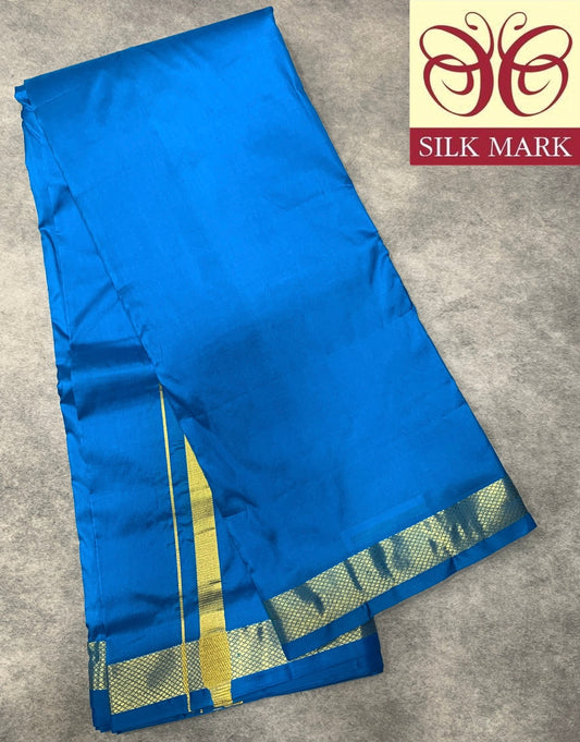 9X5 Pure Silk Dhoti Sky Blue with Golden Zari Border
