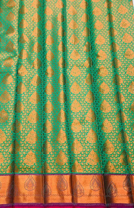 Vegan Silk Saree Light Green Colour with Copper and Purple Border