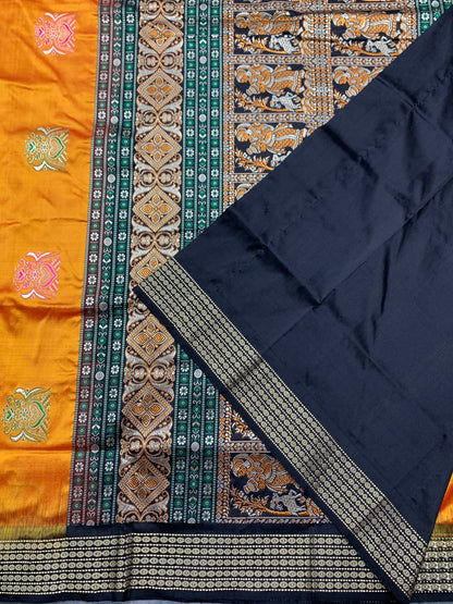 Pure Kanchipuram Silk Golden Colour with Block Colour Thread Work Border