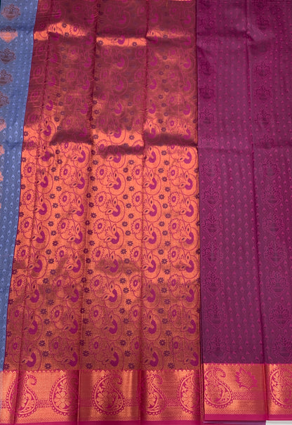 Vegan Silk Saree Gray Colour with Copper and Purple Border