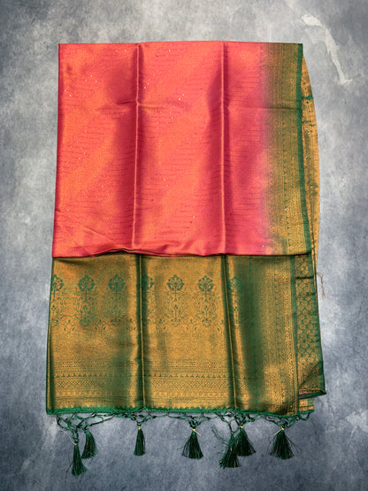 Soft Silk Saree Light Pink Colour with Green Colour Pallu
