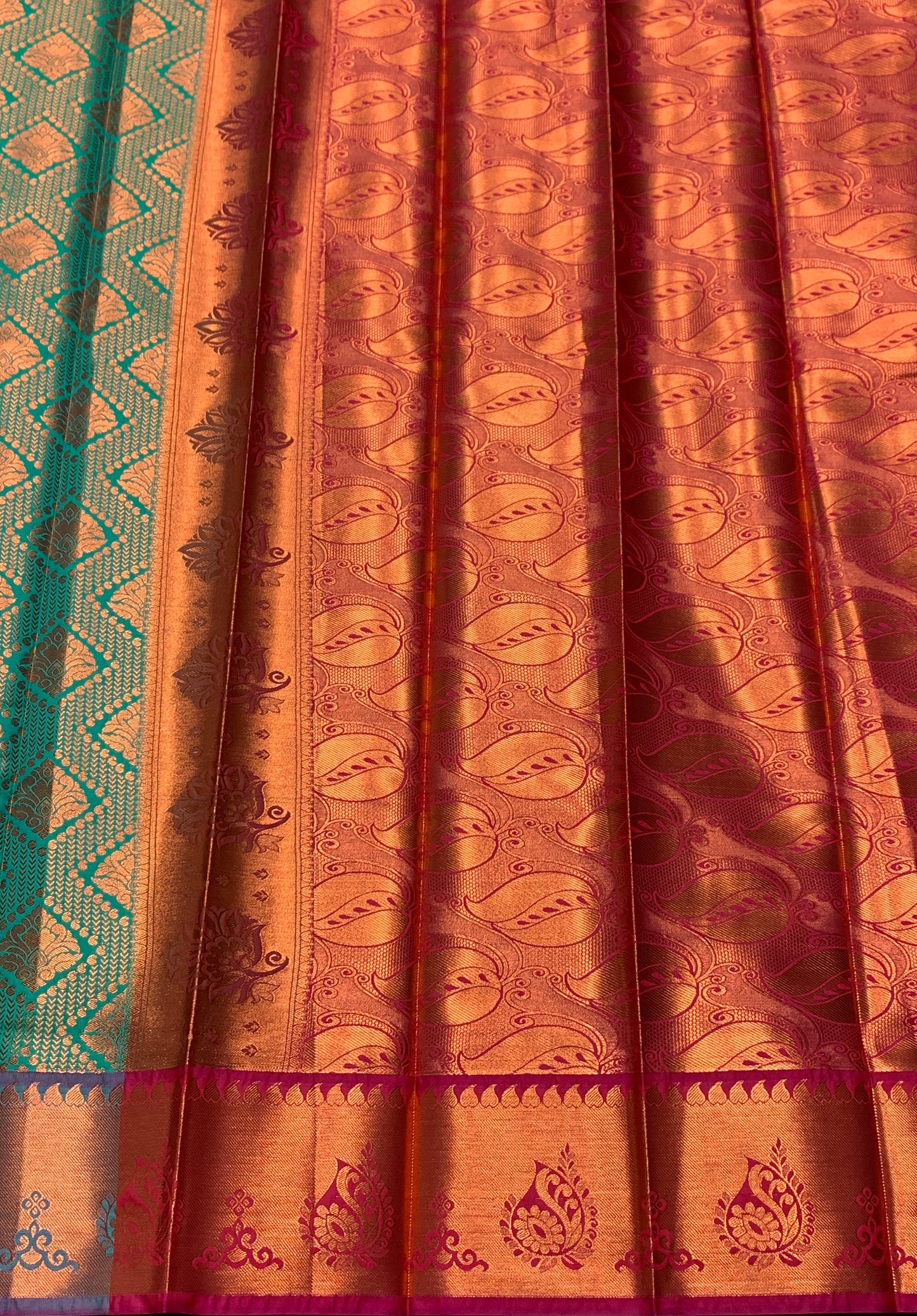 Vegan Silk Saree Light Green Colour with Magenta and Copper Border