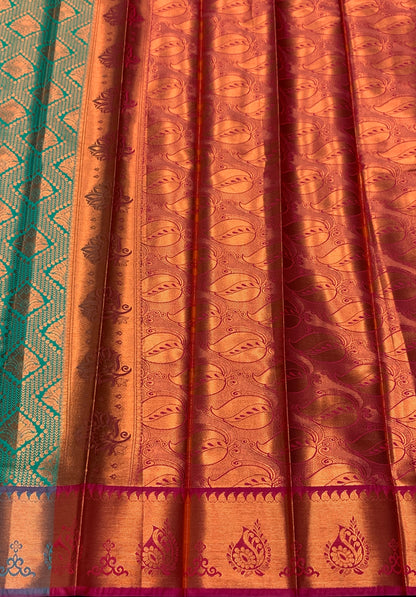 Vegan Silk Saree Light Green Colour with Magenta and Copper Border