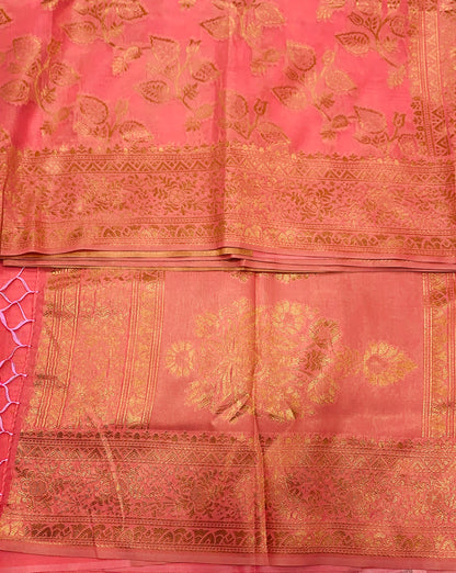 Banaras Katan Saree Peach Orange Colour with Katan Work Border