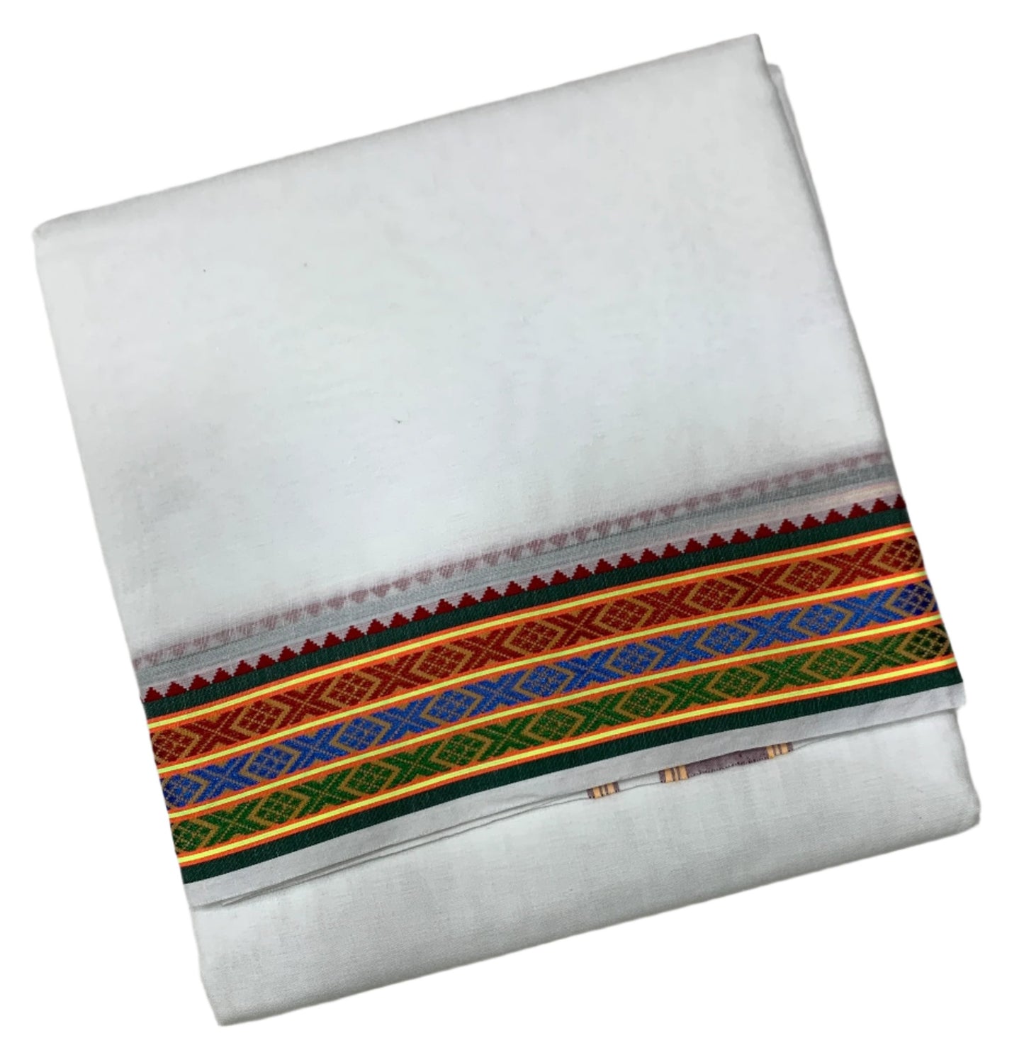 10X6 Cotton Dhoti White Colour with Green,Blue and Red Border