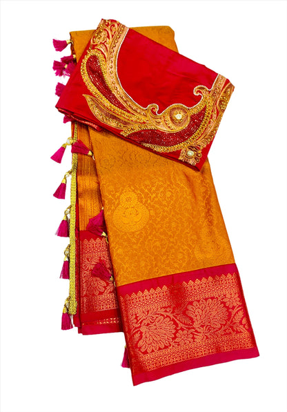 Bridal Vegan Silk Saree Golden Yellow shade with Pink Border with Unstitched blouse in Aari work